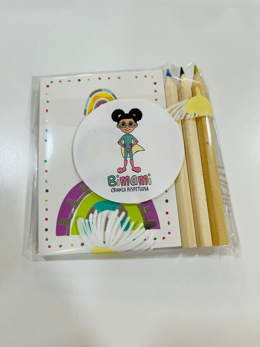 Regalo Cumple Libreta Arcoiris + 3 lapices de madera